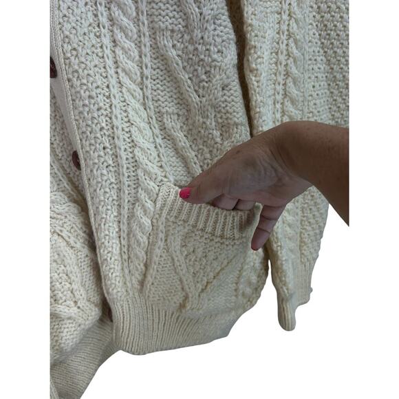 Heather & Tweed Fisherman's Cream Cable Knit Wool Button Cardigan Sweater Large - Picture 7 of 11